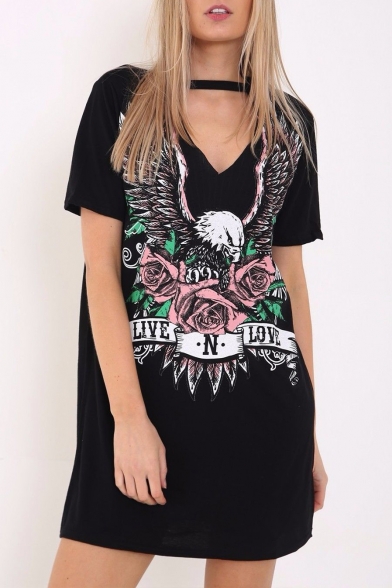 Women's Choker Cutout V-Neck Eagle Printed Short Sleeve Mini T-Shirt Dress