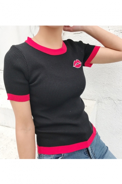 Women's Red Lips Embroidery Contrast Trim Short Sleeve Round Neck Sweater