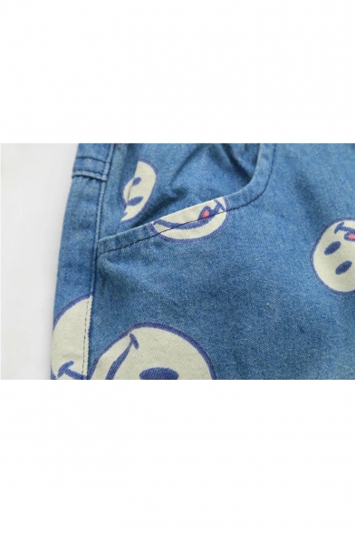 Cartoon Happy Face Printed Drawstring Waist Denim Shorts with Pockets
