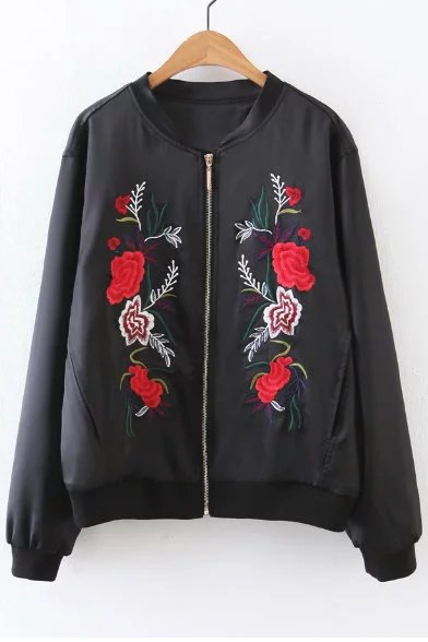 Embroidery Floral Pattern Zipper Placket Stand-Up Collar Bomber Jacket