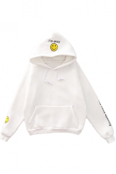 Happy Face Letter Printed Long Sleeve Leisure Hoodie with Pockets
