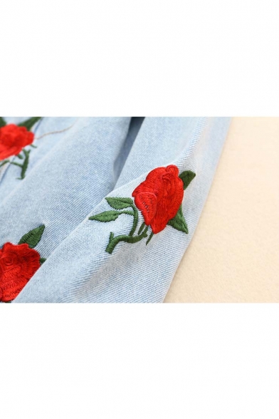 Hot Fashion Rose Embroidered Lapel Collar Long Sleeve Single Breasted Denim Jacket
