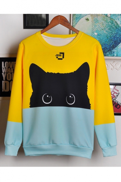 Lovely Cat Printed Color Block Long Sleeve Round Neck Pullover Sweatshirt