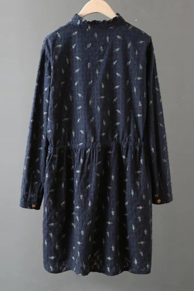New Fresh Drawstring Waist Leaf Printed Long Sleeve Mini Dress with Buttons