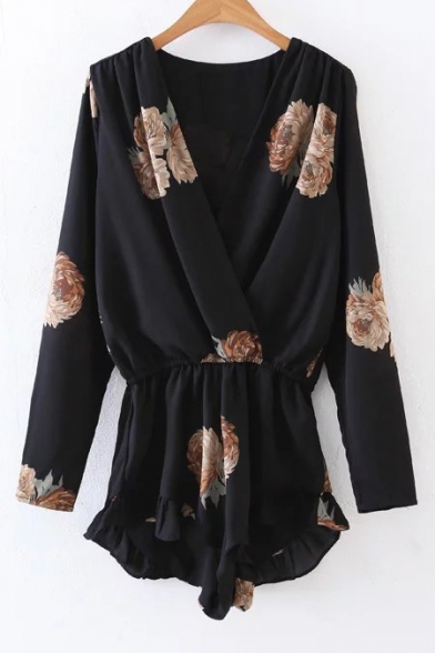 Sexy Plunge V-Neck Wrap Front Long Sleeve Floral Printed Ruffle Hem Rompers