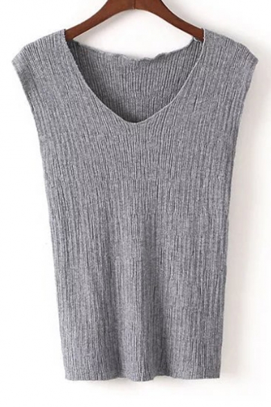 Simple V-Neck Sleeveless Plain Solid Color Pullover Sweater