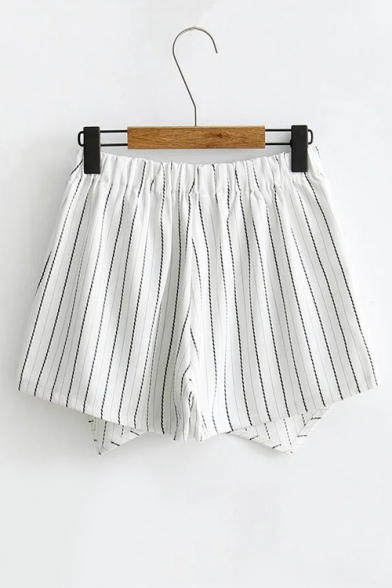 Summer's Vertical Striped Printed Elastic Waist Wrap Sweet Heart Pattern Skort Shorts