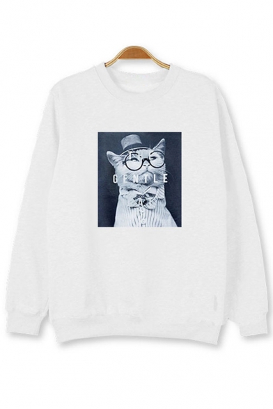 Unisex Cat Printed Long Sleeve Round Neck Pullover Sweatshirt