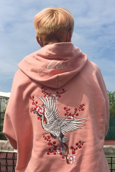 Women's Embroidery Crane Floral Pattern Hooded Long Sleeve Hoodie Sweatshirt