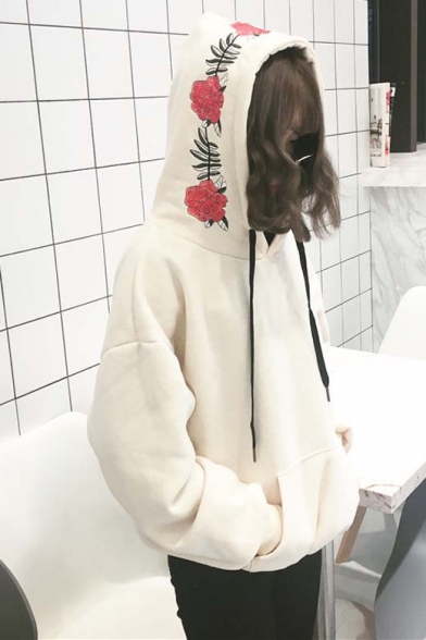 Women's Embroidery Floral Hooded Long Sleeve Hoodie Sweatshirt with A Kangaroo Pocket