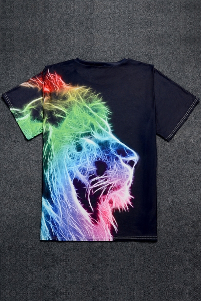 Colorful Lion 3D Printed Short Sleeve Round Neck Tee