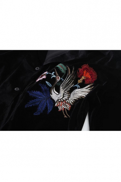 Crane Floral Embroidered Lapel Collar Long Sleeve High Low Hem Shirt
