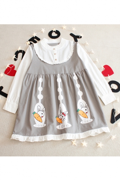 Cute Cartoon Rabbit Printed Long Sleeve Mini A-Line Dress