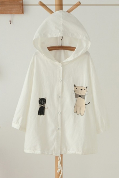Cute Embroidery Cat Pattern Hooded Drawstring Hem Single Breasted Coat