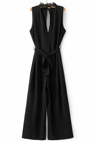 Elegant Lace Choker Sleeveless Plunge V-Neck Belt Waist Cutout Zip-Back Plain Jumpsuits