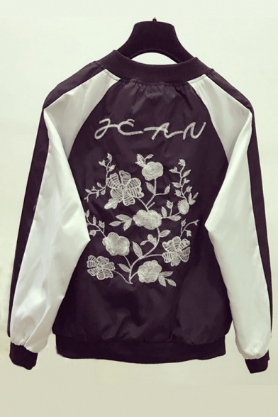Embroidery Floral Pattern in Back Contrast Raglan Long Sleeve Zipper Placket Bomber Jacket