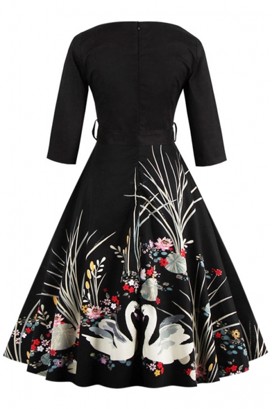 Glamorous Half Sleeve V-Neck Belt Waist Swan Floral Printed Midi Fit & Flare Dress