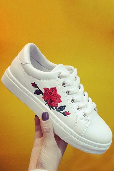 New Fashion Rose Embroidered Flat Bottomed White Sports Shoes