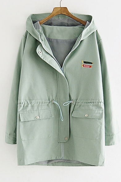 Solid Color Long Sleeve Carp Flag Embroidered Zip Placket Hooded Coat