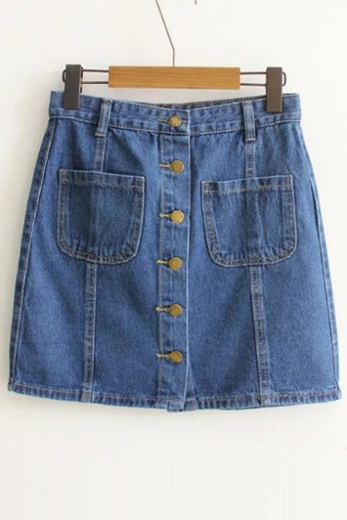 Summer's High Waist Buttons Down Mini A-Line Denim Skirt with Pockets