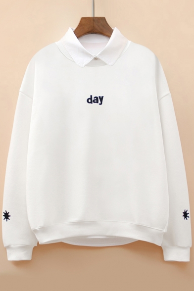 Unisex Day/Night Letter Embroidered Long Sleeve Round Neck Pullover Sweatshirt