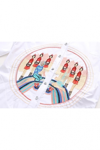 Women's Embroidery Pattern Lapel Single Breasted Tunic Shirt