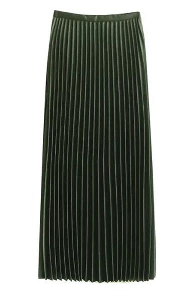 Zip Side Elastic Waist Vertical Striped Midi Plain Pleated Skirt