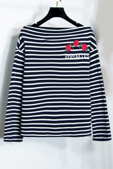 Boat Neck Embroidery Floral Pattern Striped Color Block Pullover Sweater Top