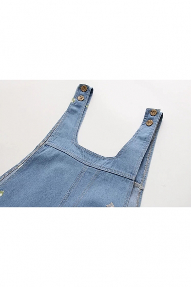 Cute Embroidery Cat Face Pattern Straps Sleeveless Denim Overalls