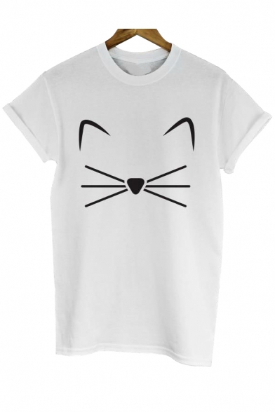 Cute Simple Cat Face Printed Short Sleeve Round Neck Casual Tee