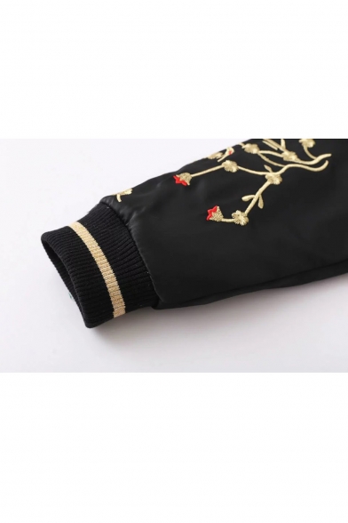 Fashion Embroidery Crane Pattern in Raglan Sleeves Zipper Placket Bomber Jacket