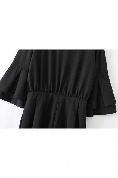 Fashion Split Zip-Back Double Layered Bell Sleeve Plain Rompers