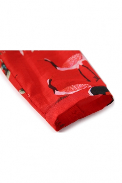New Arrival Half Sleeve Crane Printed Split Sides Tunic Top with Elastic Lace Capri Pants