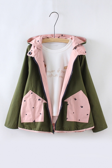 New Stylish Reversible Hooded Zipper Placket Contrast Pockets Embroidery Pattern Coat