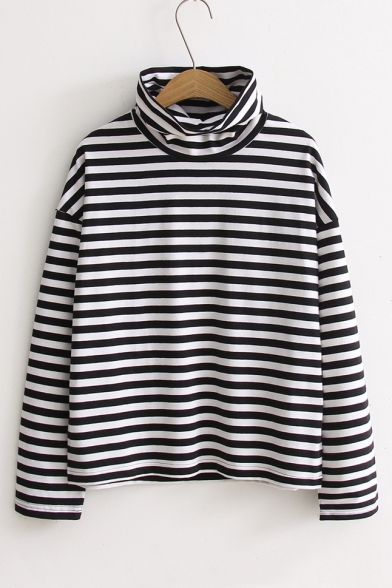 Retro Turtle Neck Long Sleeve Striped Printed Pullover Basic T-Shirt