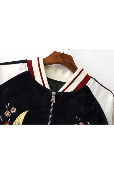 Women's Embroidery Floral Pattern Raglan Sleeve Color Block Zipper Placket Bomber Jacket
