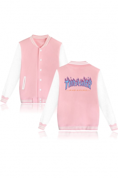 Women's THRASHER Printed Single Breasted Striped Stand-Up Collar Bomber Jacket