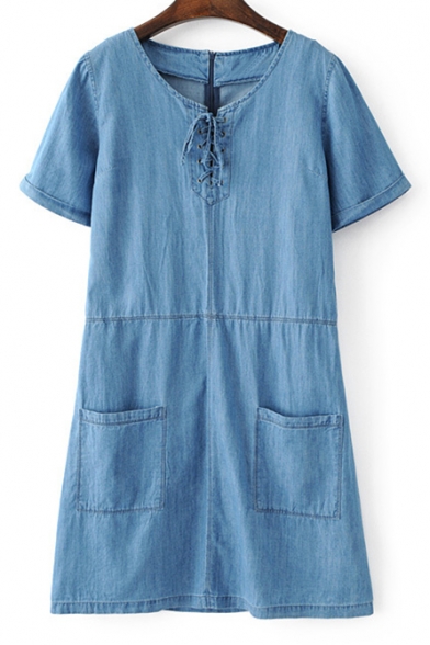 Casual Lace Up Front Round Neck Short Sleeve Zip-Back Mini Denim Dress with Pockets