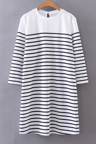 Casual Striped Color Block Long Sleeve Round Neck Mini T-Shirt Dress