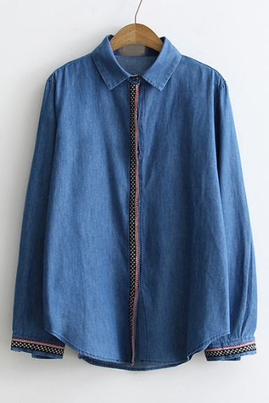 Contrast Single Breasted Long Sleeve Lapel Vintage Tunic Denim Shirt