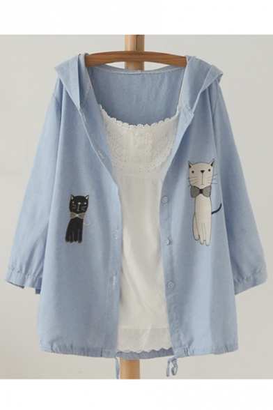 Cute Embroidery Cat Pattern Hooded Drawstring Hem Single Breasted Coat