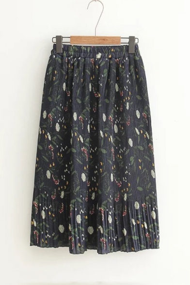 Elastic Waist Floral Printed Sashed Midi Pleated Skirt