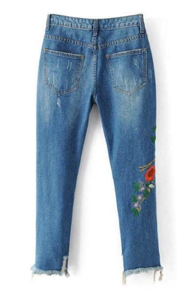 Embroidery Crane Floral Pattern Ripped Destroyed Cuffs Mid Waist Jeans