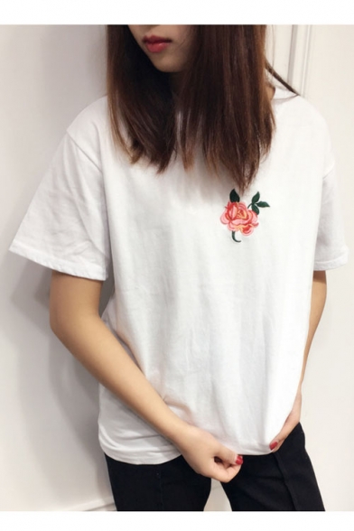 Hot Fashion Retro Rose Embroidered Round Neck Short Sleeve Loose T-Shirt
