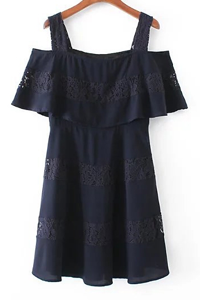 Lace Inserted Ruffle Hem Cold Shoulder Plain A-Line Mini Dress