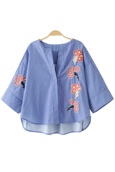 Loose Embroidery Floral Appliqued High Low Hem 3/4 Length Sleeve Striped Blouse
