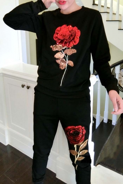 New Fashion Round Neck Long Sleeve Floral Printed Sequined Sweatshirt Sports Pants Co-ords