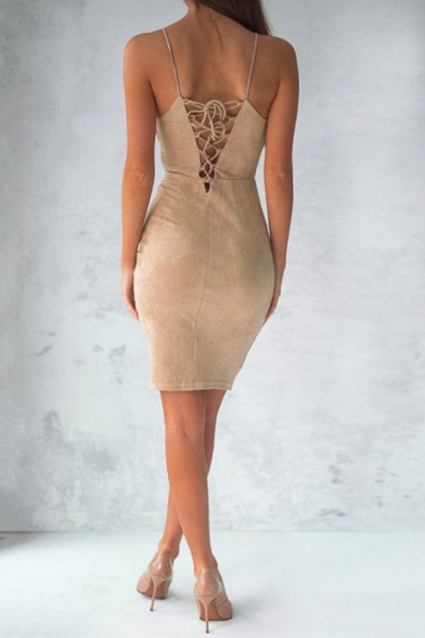 New Fashion Sexy Crisscross Back Spaghetti Straps Plain Bodycon Mini Dress