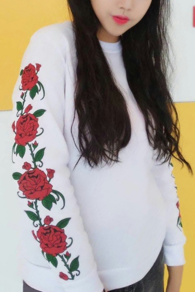 Rose Floral Printed Sleeve Round Neck Pullover Sweatshirt