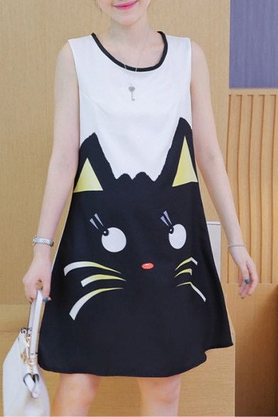 Round Neck Sleeveless Cute Cat Printed Color Block Oversize Mini A-Line Tank Dress